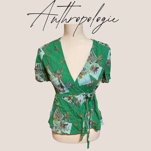 Anthropologie Bon Voyage Green Flutter Sleeve Wrap Blouse